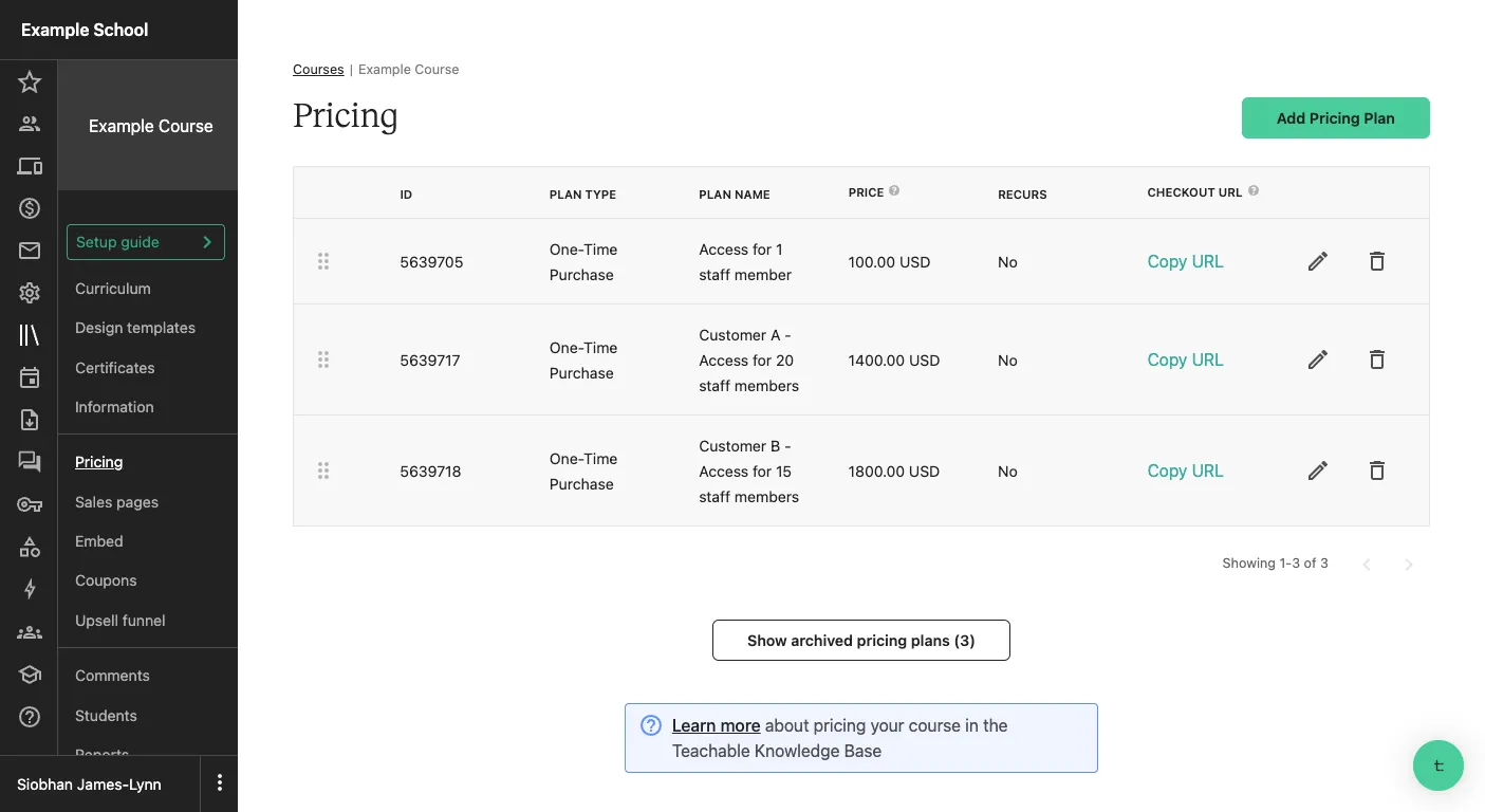 Bulk access Teachable pricing plans screenshot