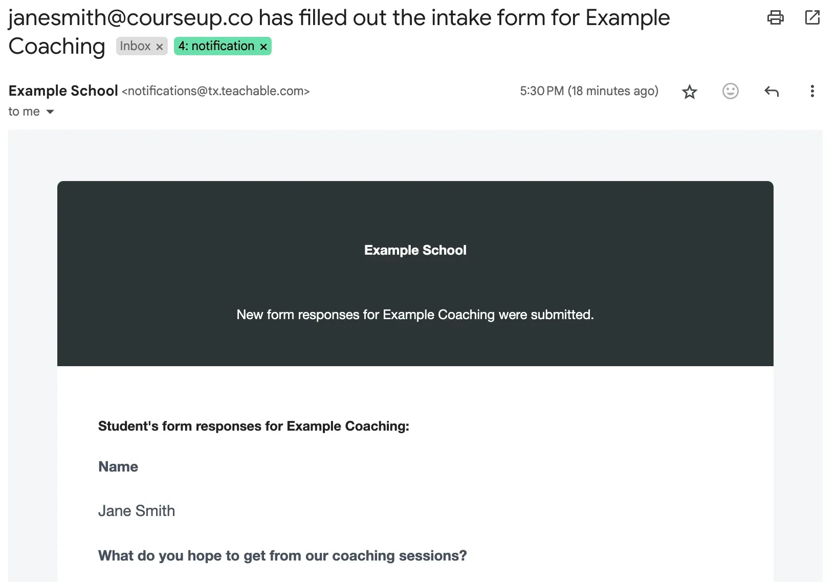 Teachable coaching intake form email confirmation