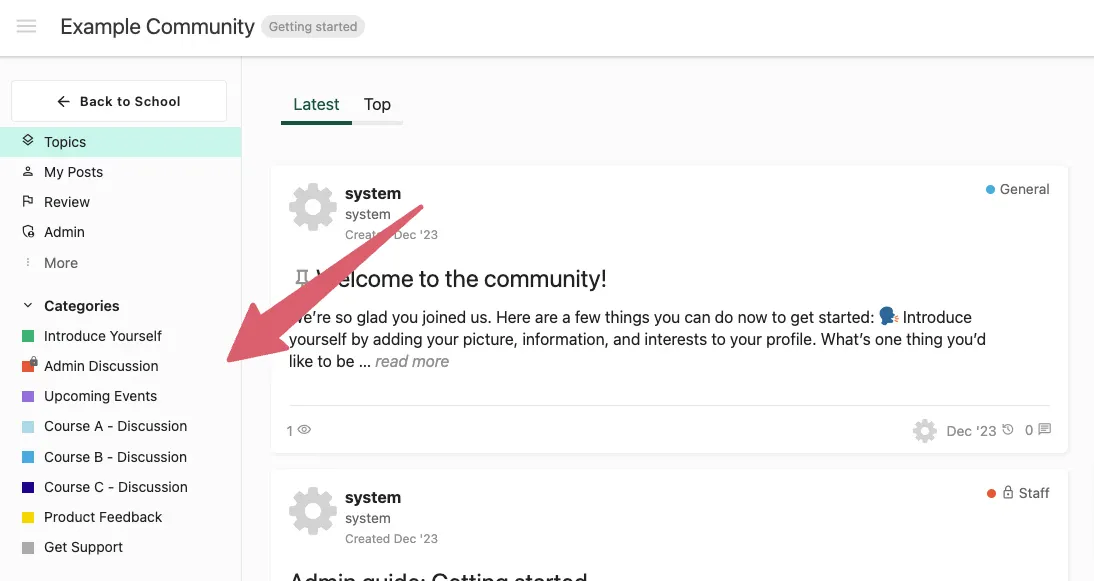 Teachable community categories sidebar screenshot