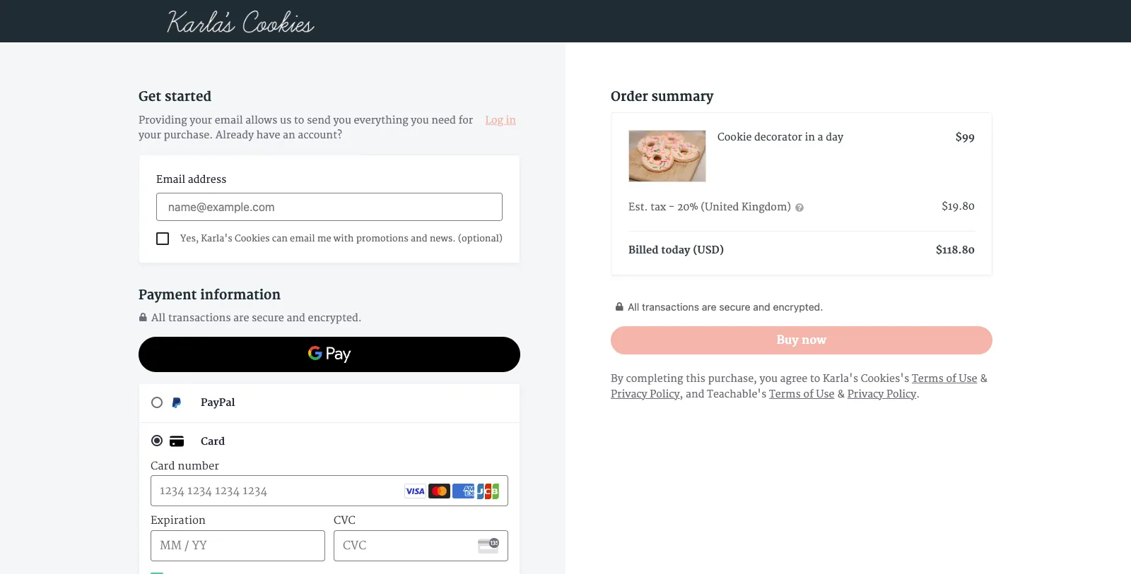 Teachable cookies example checkout page