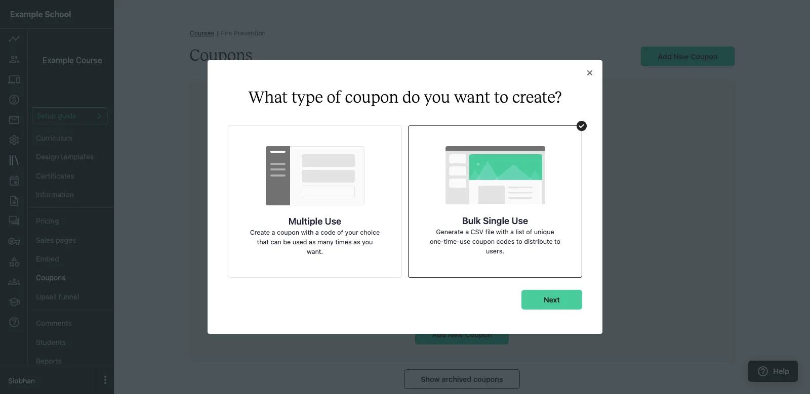 Teachable CSV file of single-use coupons