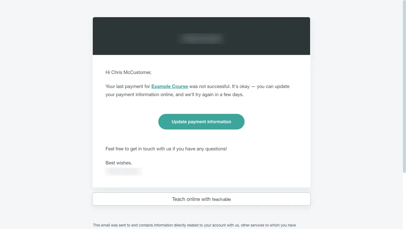 Teachable Failed Payment email
