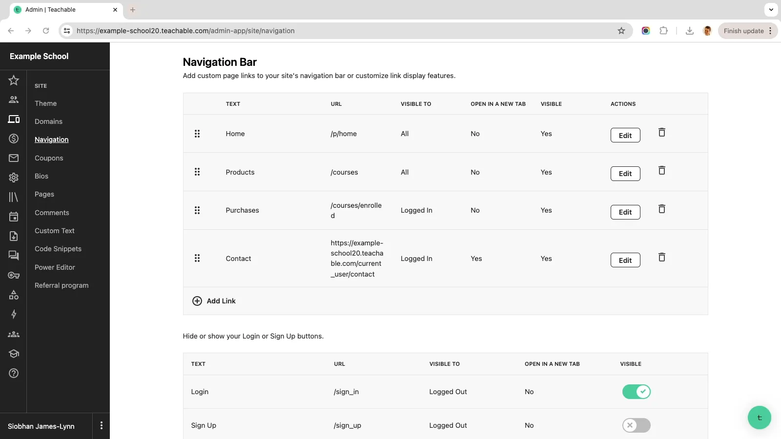 Teachable navigation links screenshot