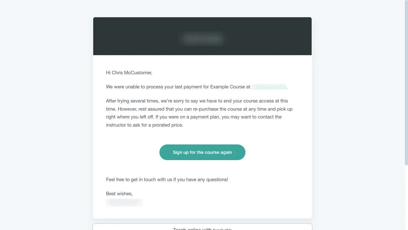 Teachable Nonpayment Cancellation email
