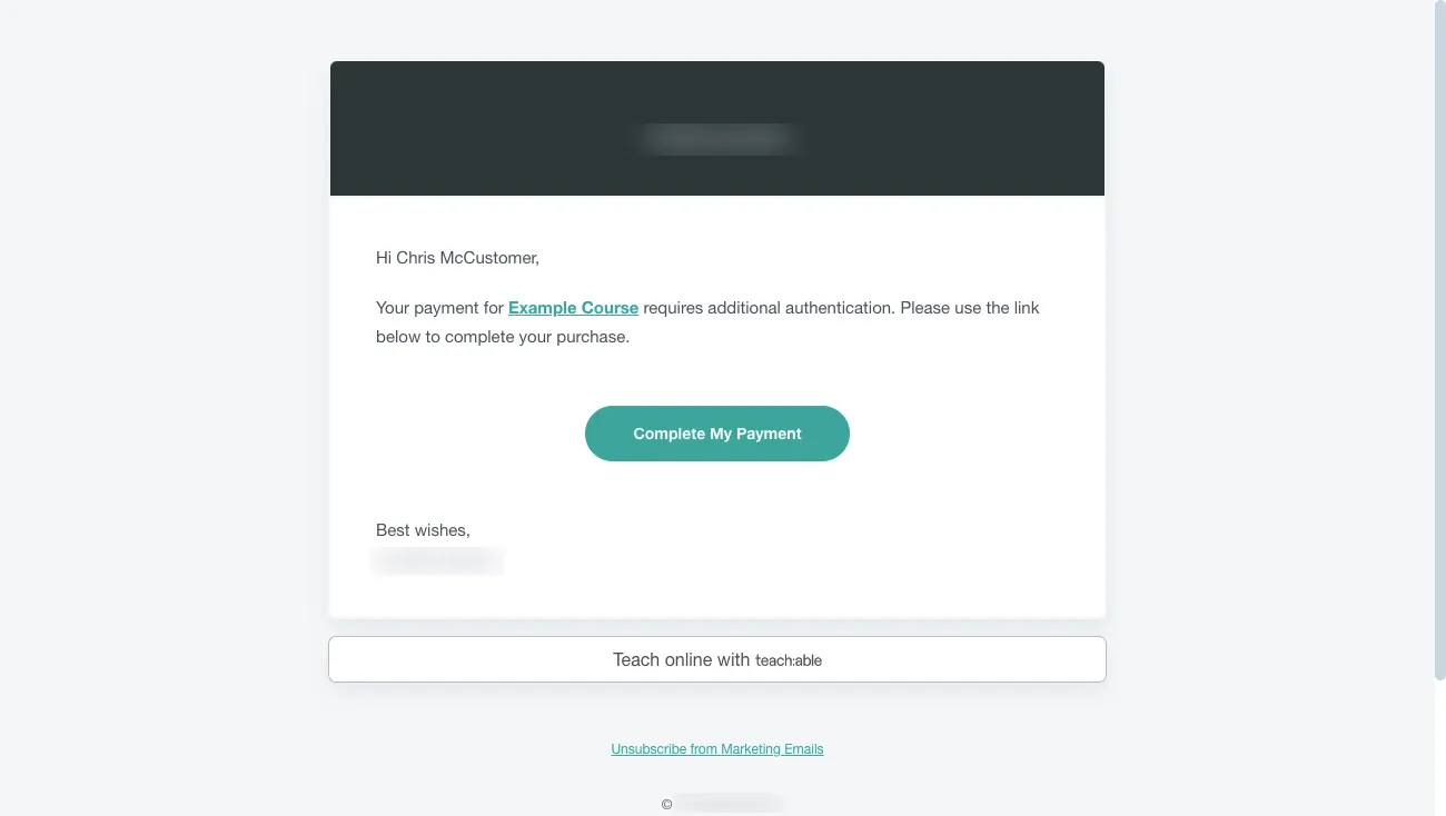 Teachable Payment Authorization Required email