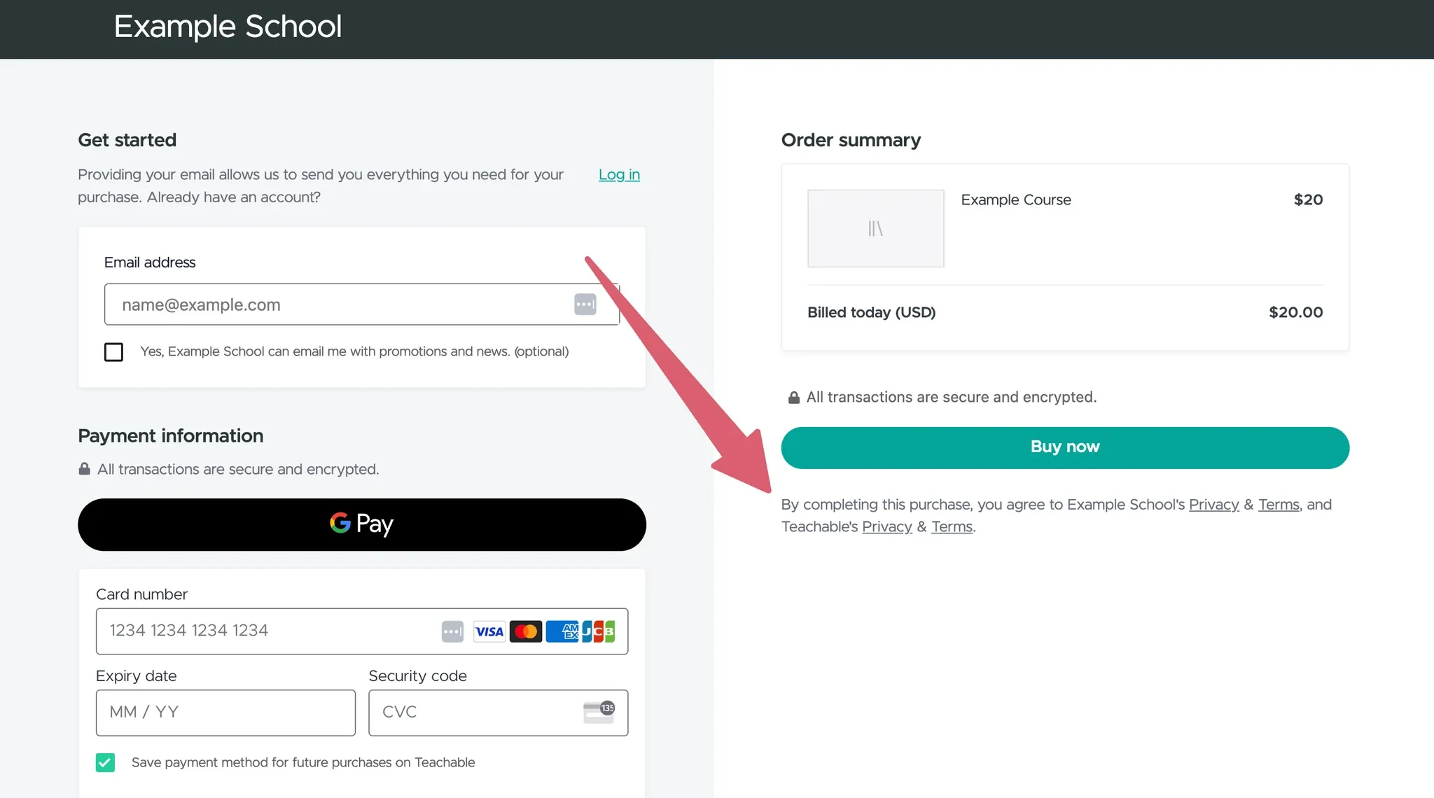 Teachable terms checkout screenshot