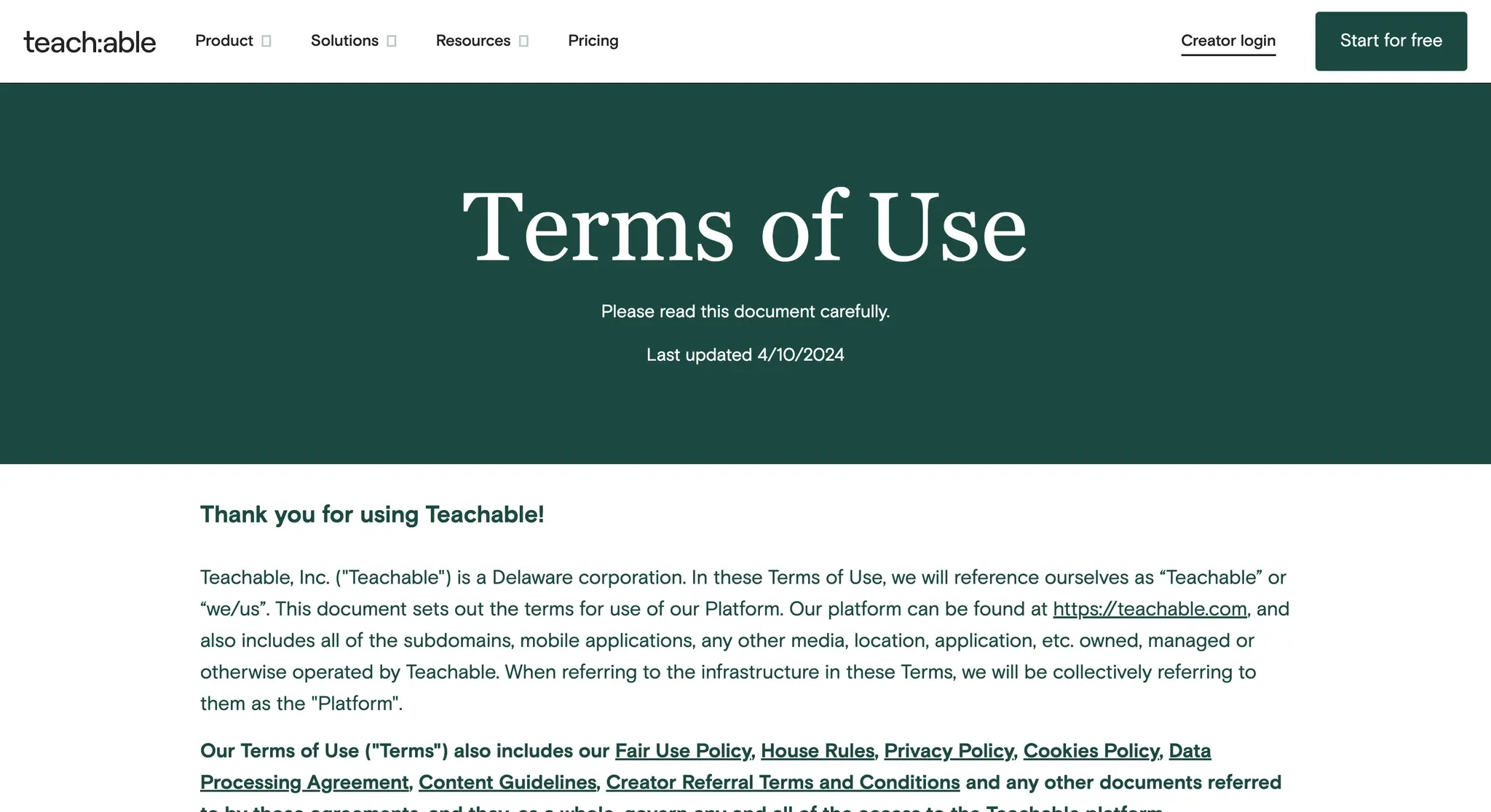 Teachable&#x27;s terms of use policy