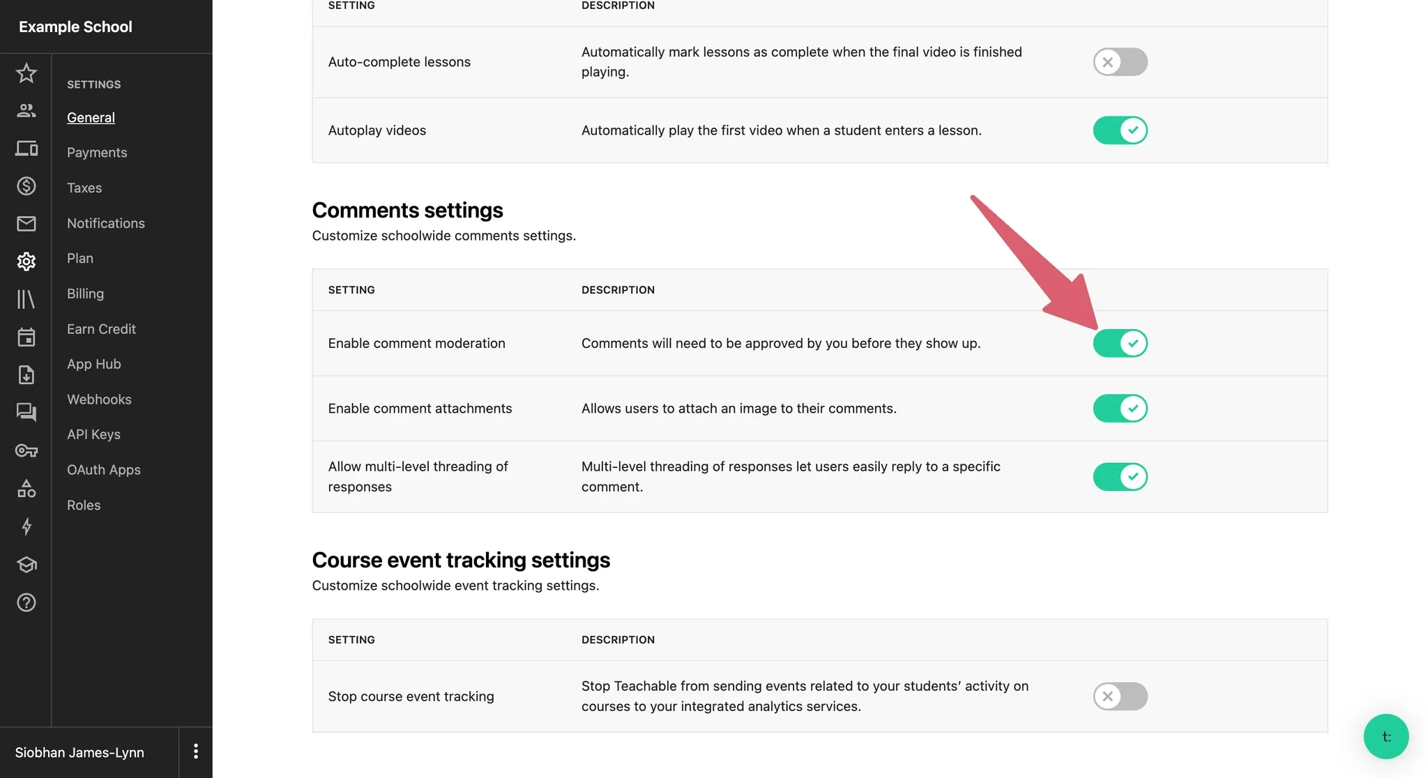 Turn Teachable comments moderation on or off