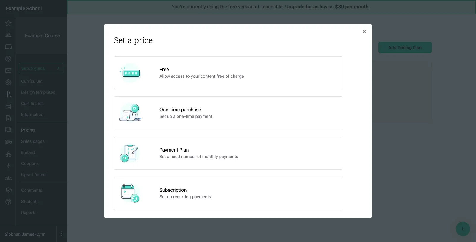 Teachable pricing plan types